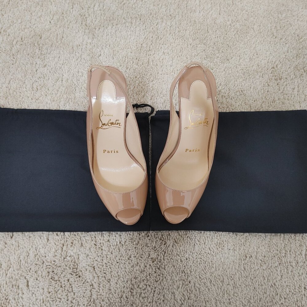Christian Louboutin Lady Peep Sling 150 Patent Nude Heels Platforms size EU 35